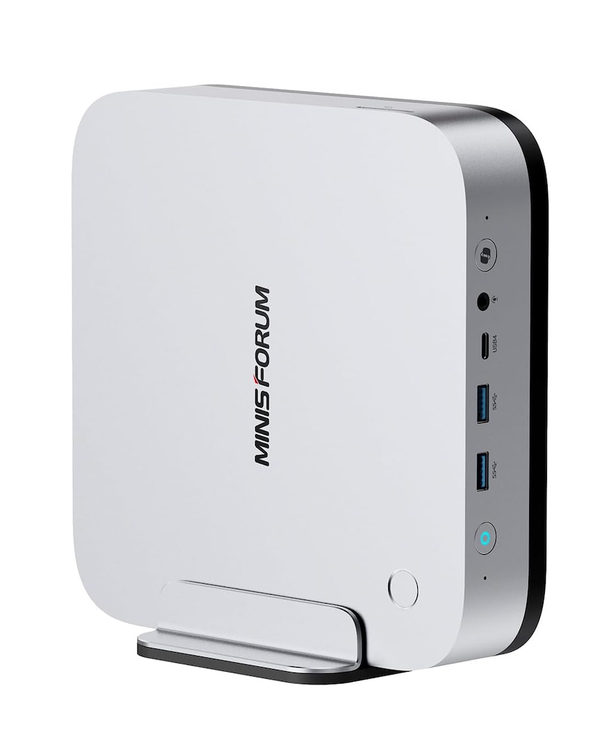 MINISFORUM AI X1 Pro-370 standing vertically on its stand
