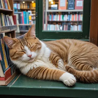 A cat asleep in a sunlit bookshop window