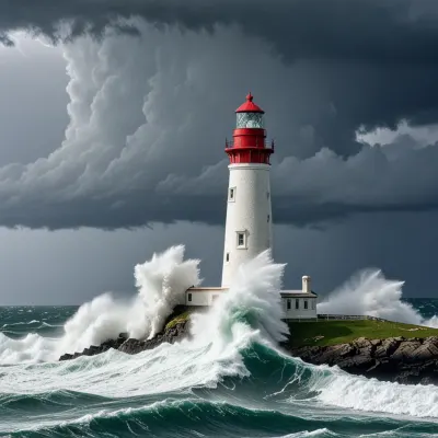 A lighthouse on rocks in a storm, waves breaking