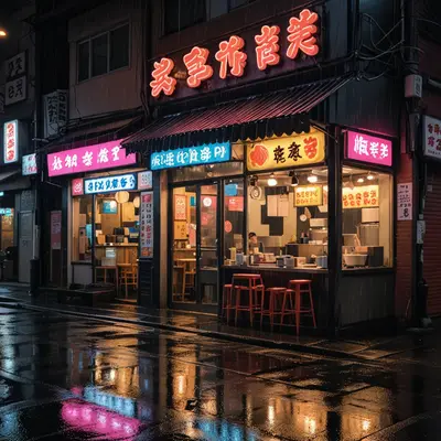 A neon ramen shop at night, reflected in wet pavement